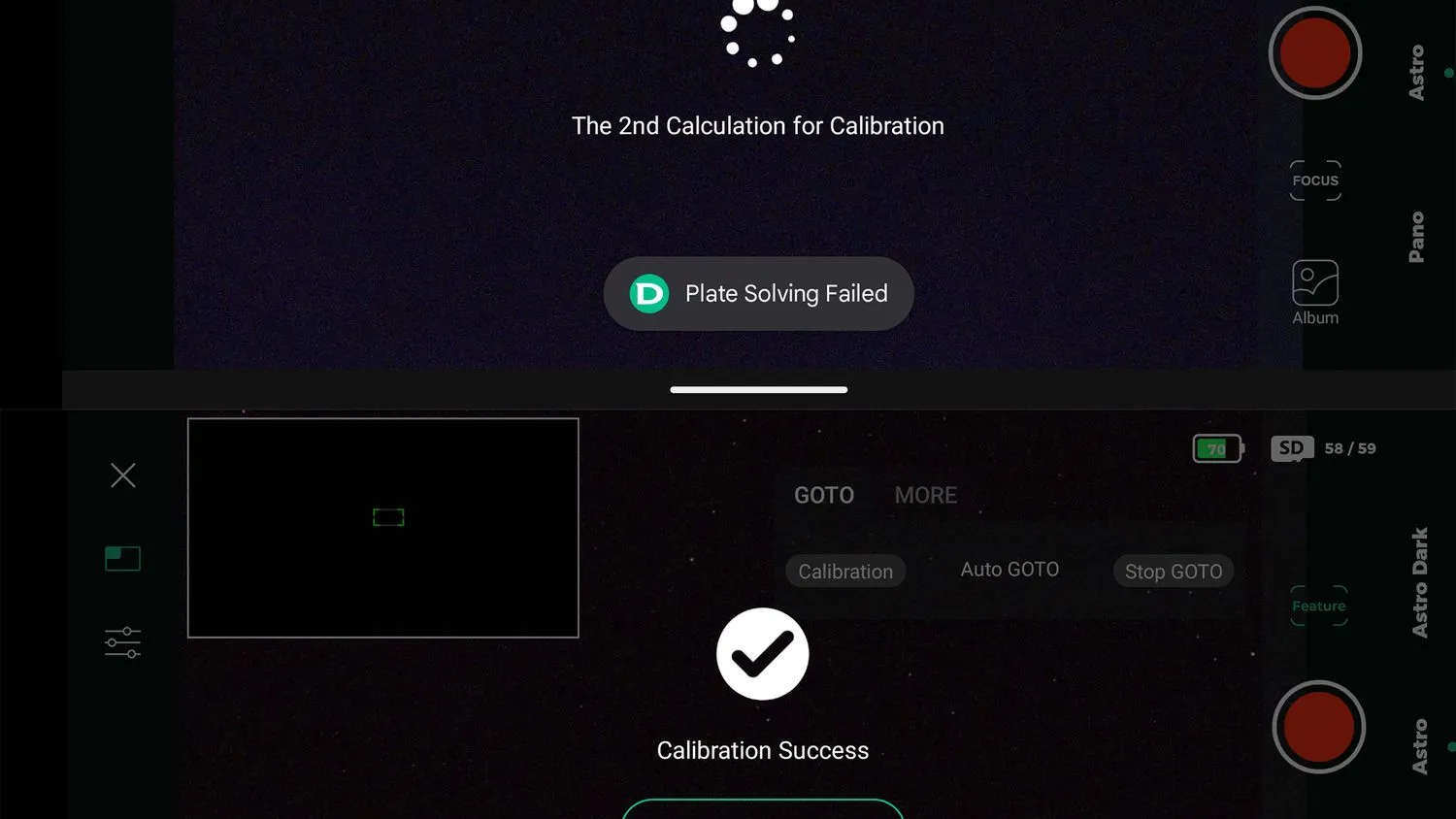 Zwei Screenshots der Dwarf Lab II App, einer zeigt eine Fehlermeldung, der andere eine Erfolgsmeldung der Kalibrierung.