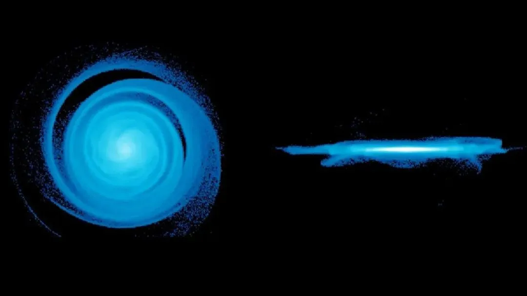 Links ist eine blaue Spiralgalaxie zu sehen und rechts die gleiche Galaxie von der Seite.