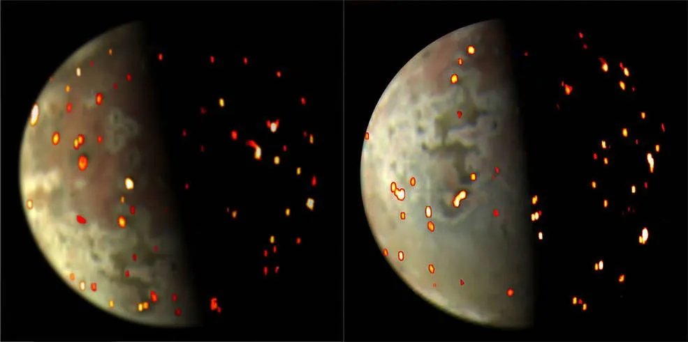 ein grauer und weißer Mond mit hellen roten Flecken auf seiner Oberfläche, die die Standorte von 'heißen Stellen' anzeigen, bei denen es sich vermutlich um Vulkane handelt