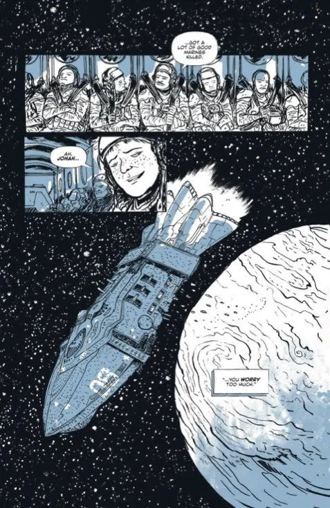 Schwarz-weiße Seite aus einem Comic, die ein Raumschiff in der Nähe eines fremden Planeten zeigt.
