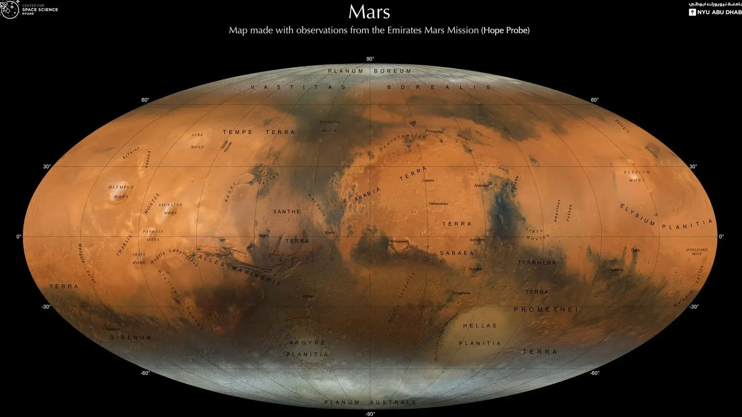 eine karte des mars, die so gestreckt ist, dass man die gesamte oberfläche sehen kann