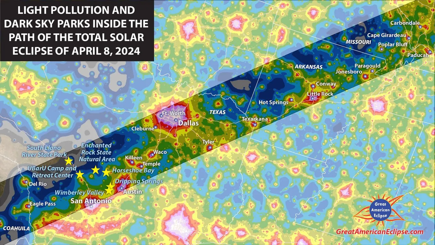 Eine Karte, die die Lichtverschmutzung und die Dark Sky Parks innerhalb des Totalitätspfads zeigt.