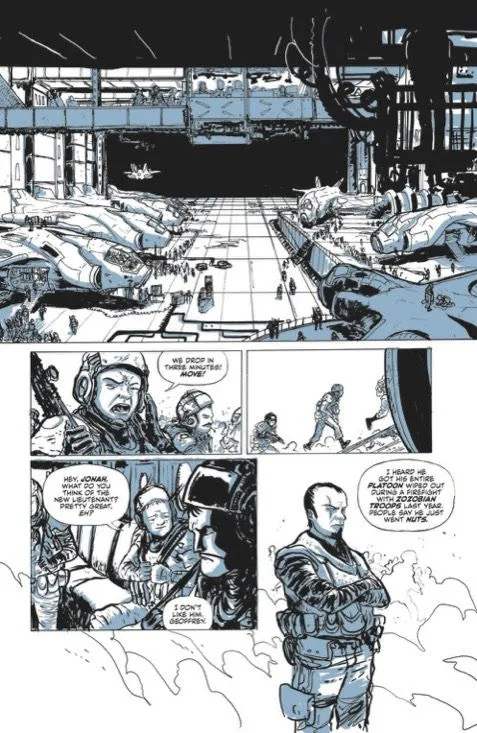 Schwarz-weiße Seite aus einem Comic mit Panels, die Raumschiffe in einem Hangar und miteinander sprechende Piloten zeigen.