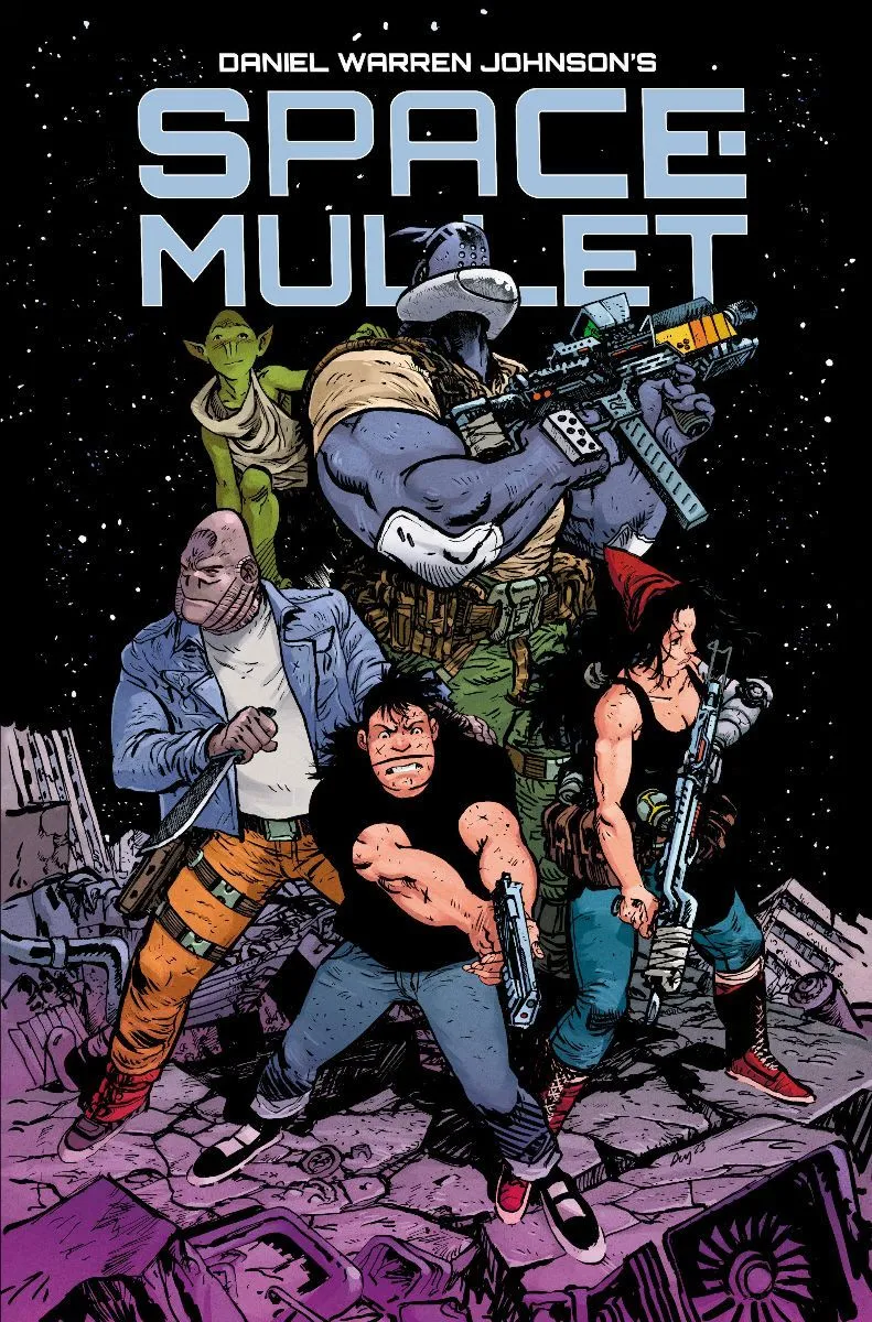 Cover des Comics Space-Mullet, vier bewaffnete Personen, die auf einem Raumschiff im Weltraum stehen.