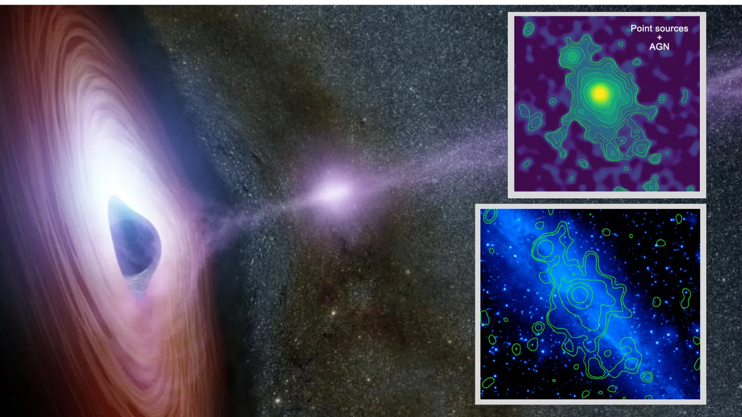 (Main) Illustration zeigt, wie ein Schwarzes Loch ausbricht (oben) NGC 4945 im Röntgenlicht von XMM-Newton (unten) die gleiche Galaxie im sichtbaren Licht