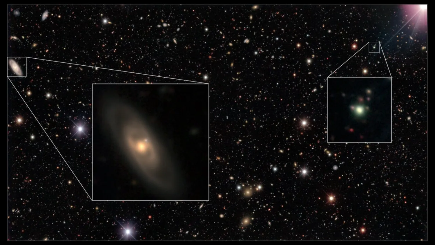 Eine der im Dark Energy Survey entdeckten Supernovas (links) im Vergleich zu einem entfernten Quasar (rechts)