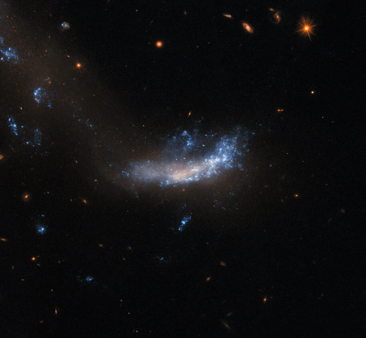 Eine Galaxie, die flach und unförmig ist. Oberhalb und auf der rechten Seite ist sie von leuchtenden Gas- und Staubfahnen bedeckt, während ihr Zentrum und ihre linke Seite eher trübe und fleckig sind. Eine Spur aus dunklem, trübem Staub zieht sich von unterhalb der Galaxie nach oben und nach links, wo sich drei weitere helle Flecken befinden. Der Hintergrund um die Galaxie ist recht dunkel, nur ein paar kleine Hintergrundgalaxien und ein Stern sind zu sehen