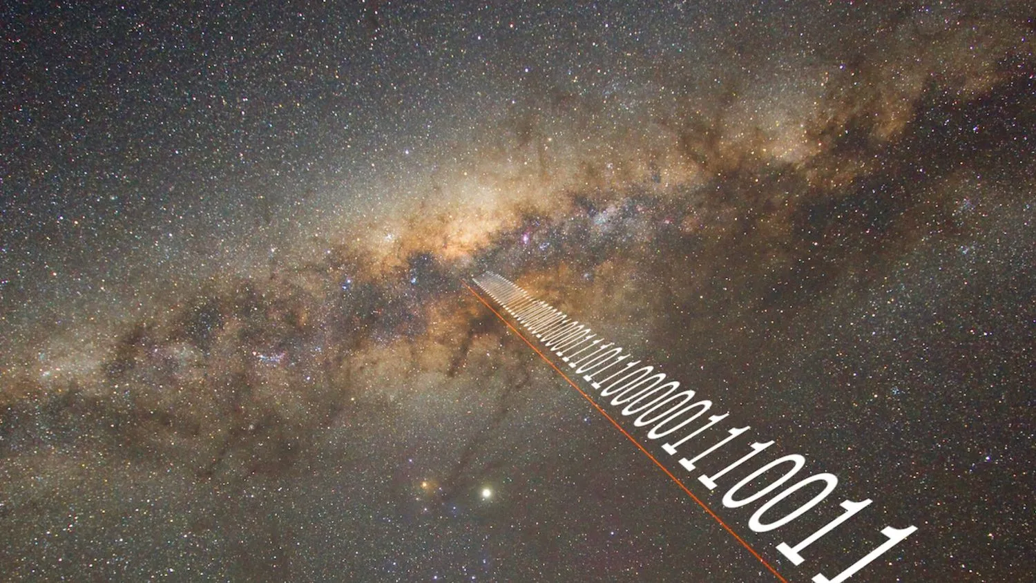 Foto eines nächtlichen Sternenhimmels mit einer Reihe weißer Nullen und Einsen darüber, die in den Weltraum zu zoomen scheinen