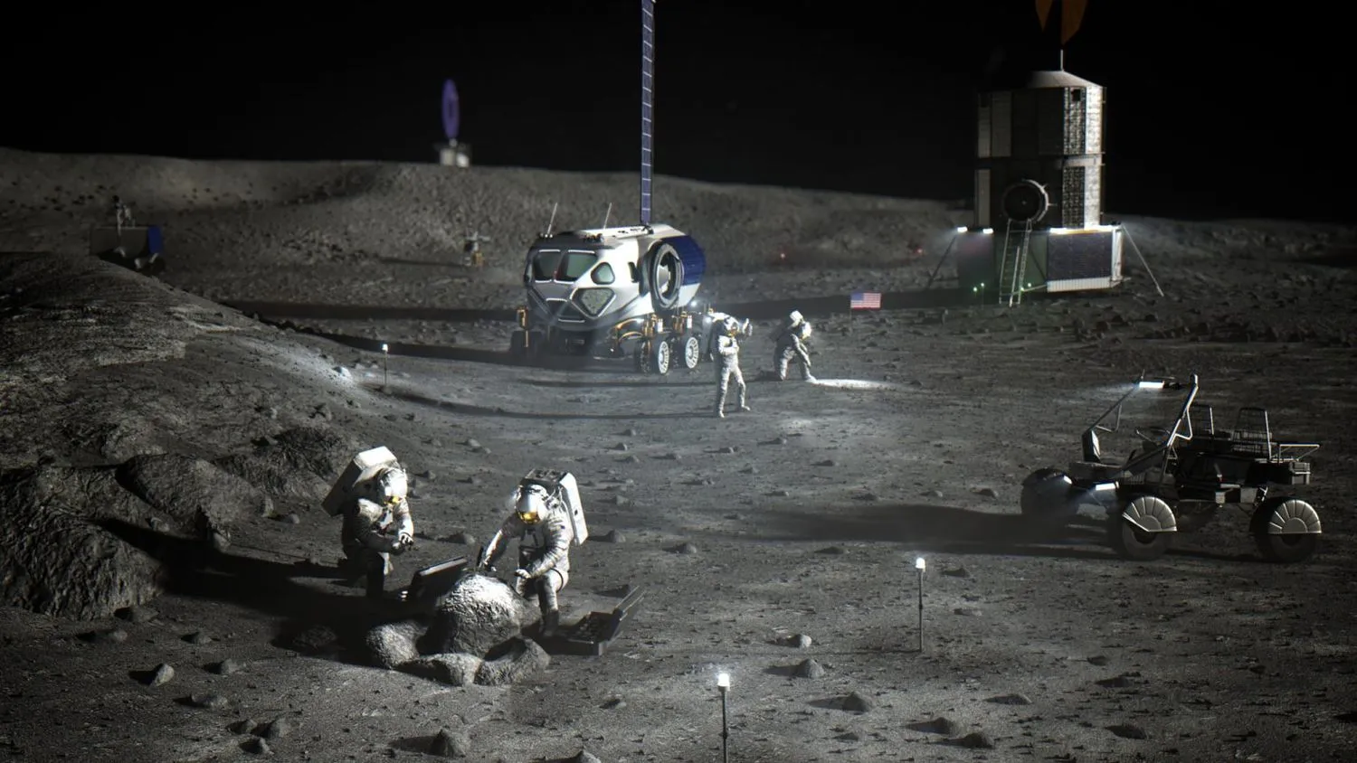 Illustration von NASA-Astronauten bei der Arbeit auf dem Mond, mit zwei Rovern und einer Landefähre im Hintergrund.