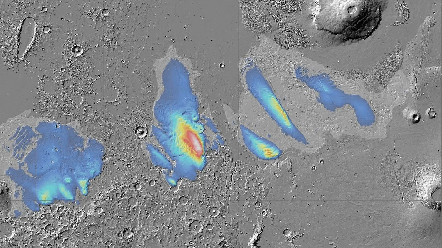 eine schwarz-weiße Karte des Mars mit blauen Abschnitten, die anzeigen, wo Wassereis entdeckt wurde