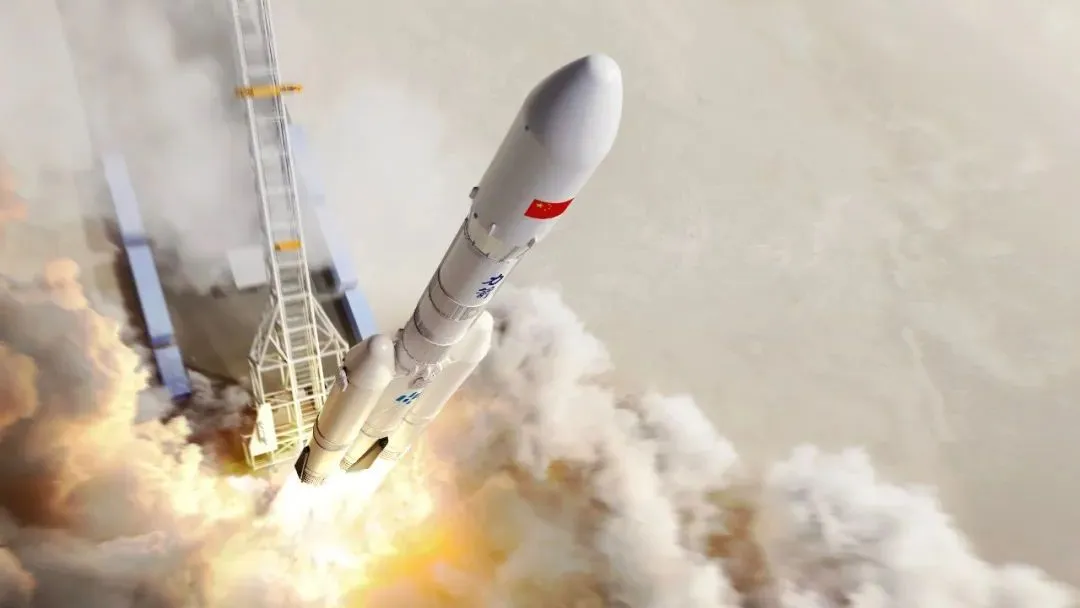 Künstlerische Darstellung einer weißen Rakete beim Start, in einer Draufsicht von knapp über der Nutzlastverkleidung. 