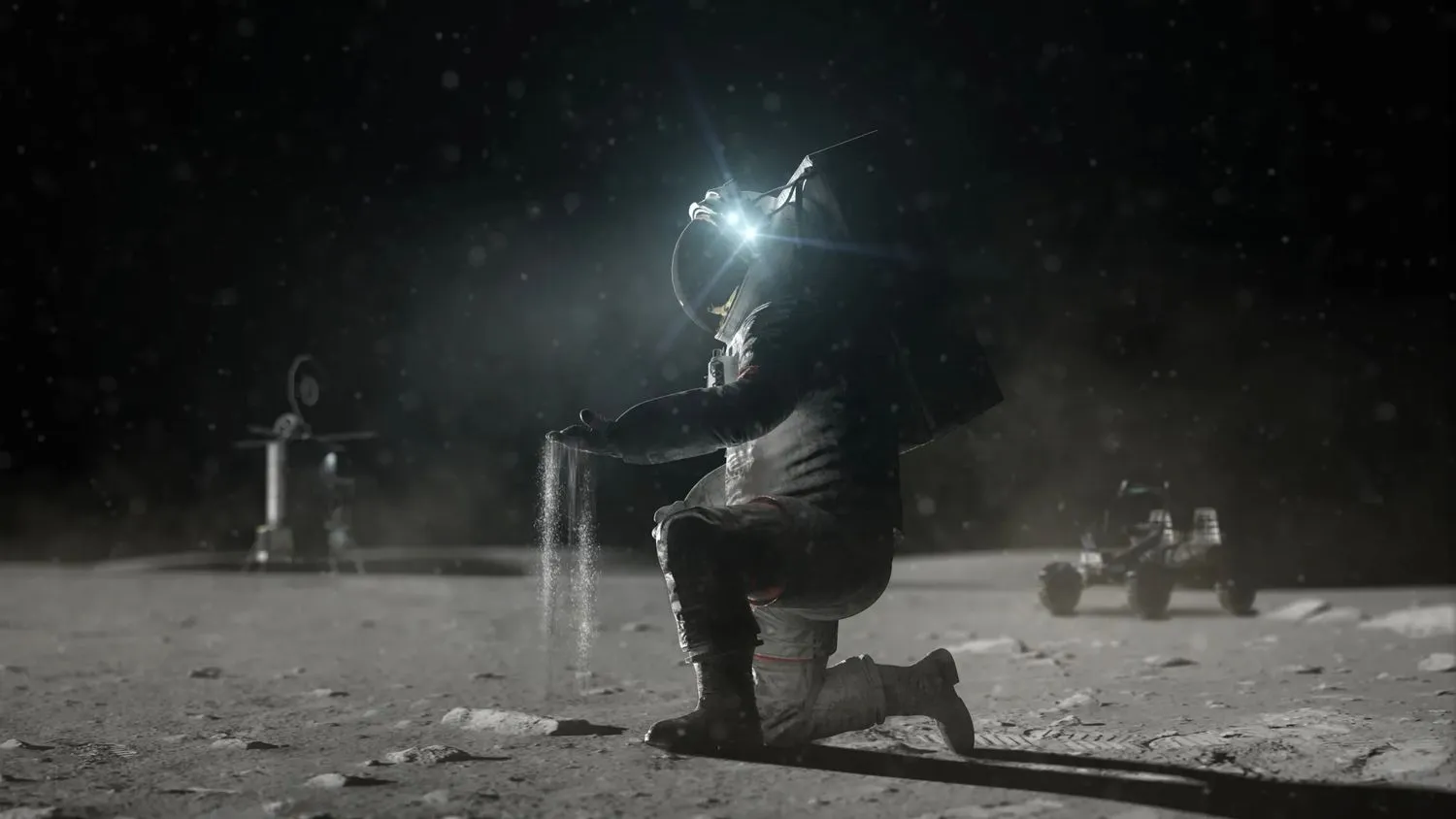 Astronaut kniend auf der Mondoberfläche