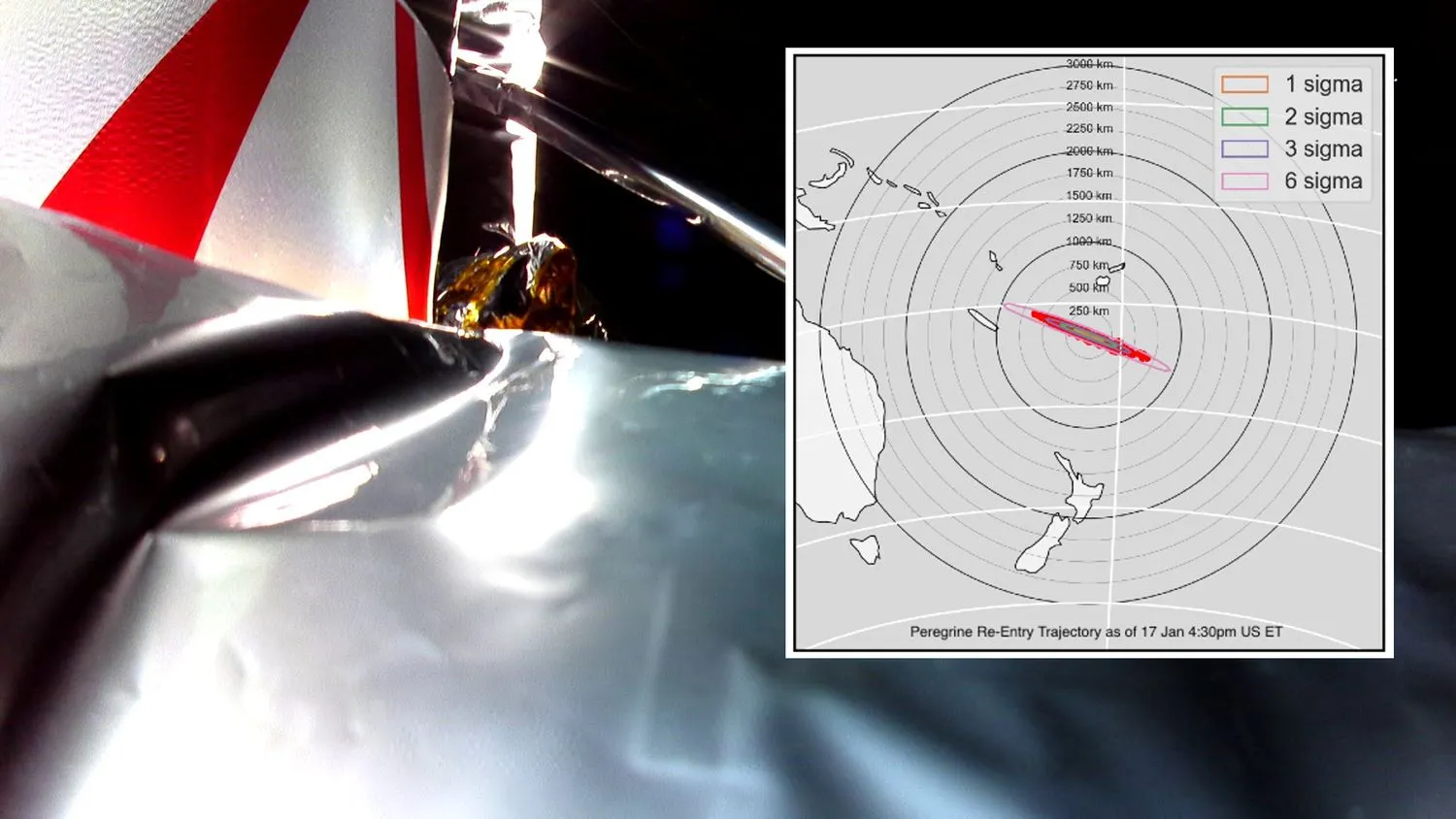 Ein Foto aus dem Weltraum mit einem Mondlandegerät und der Absturzstelle im Hintergrund