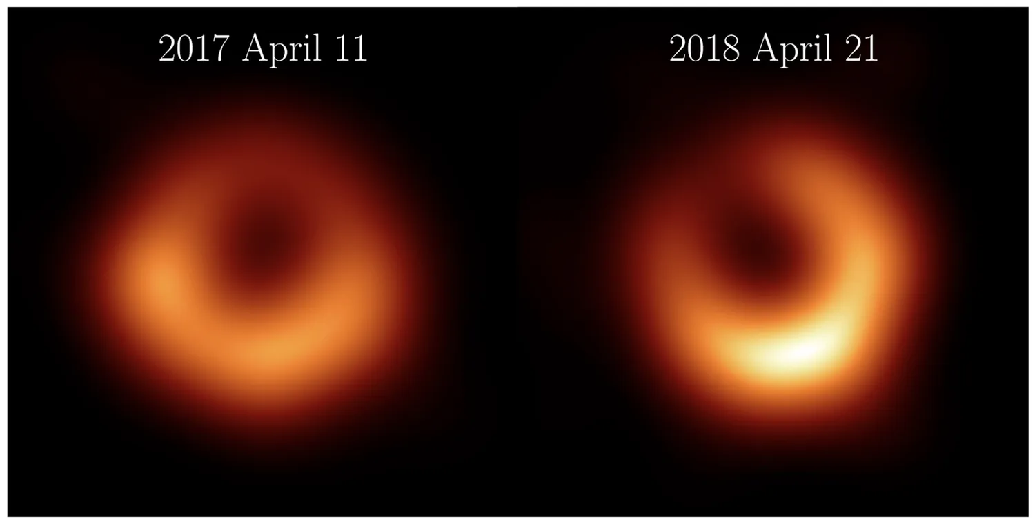 Seite-an-Seite-Vergleiche von M87* in 2017 und 2018 zeigen, wie sich der helle Fleck im Materiering um das Schwarze Loch verschoben hat