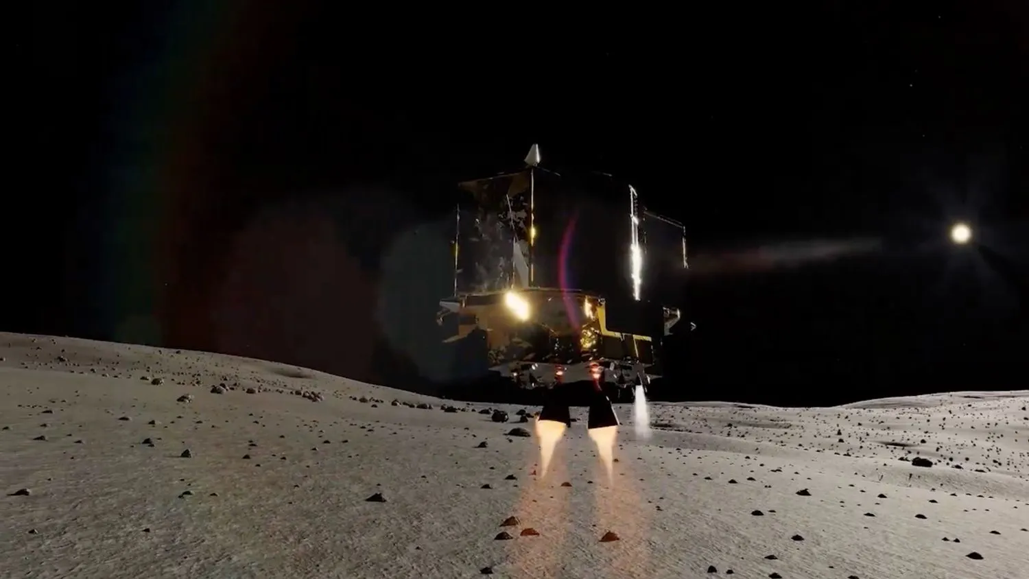 ein kleines Raumschiff schwebt knapp über der Oberfläche des Mondes, mit der Schwärze des Weltraums im Hintergrund.