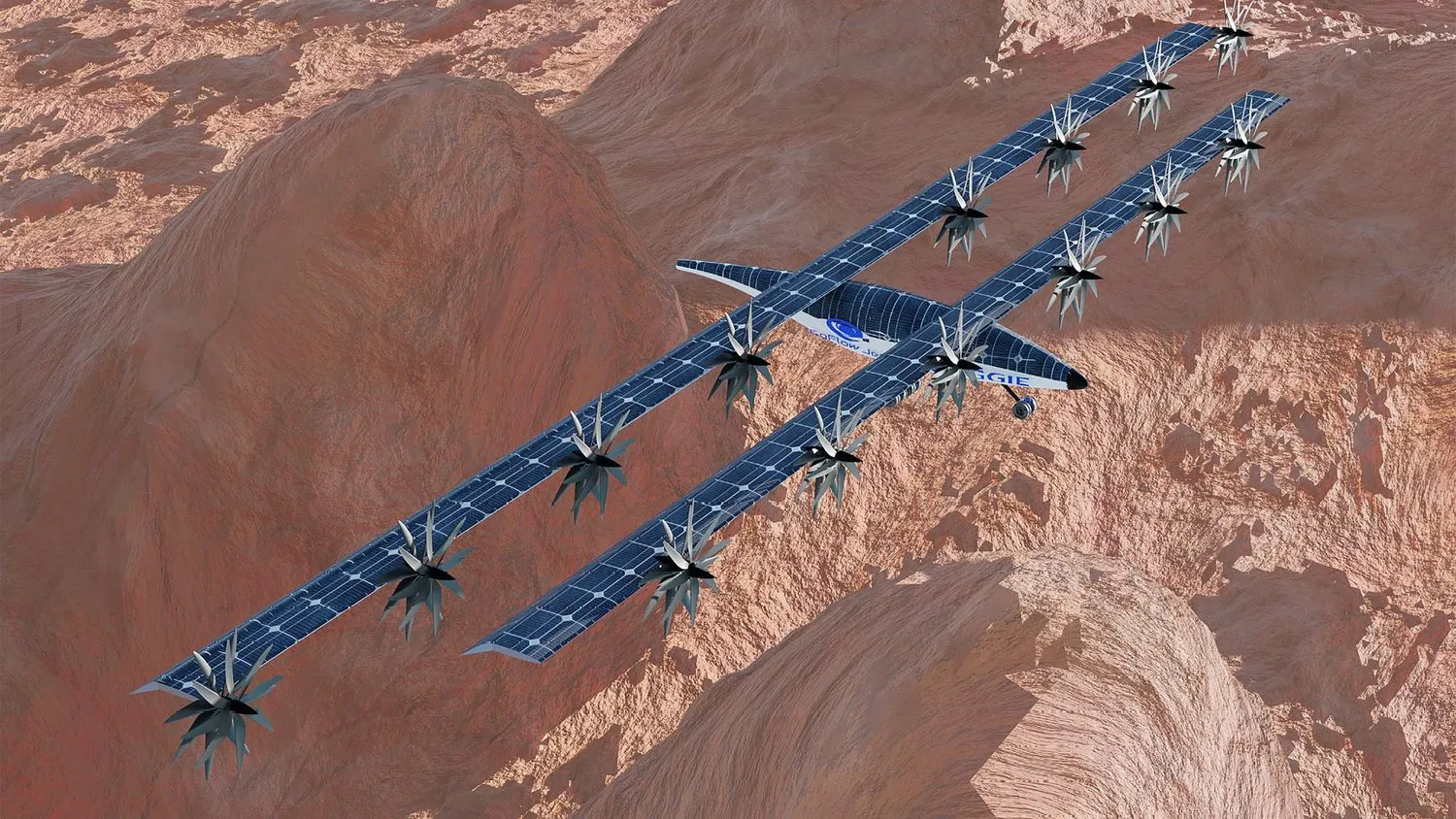ein Flugzeug mit großen Flügeln und Propellern, das über dem Mars fliegt, in einer Illustration