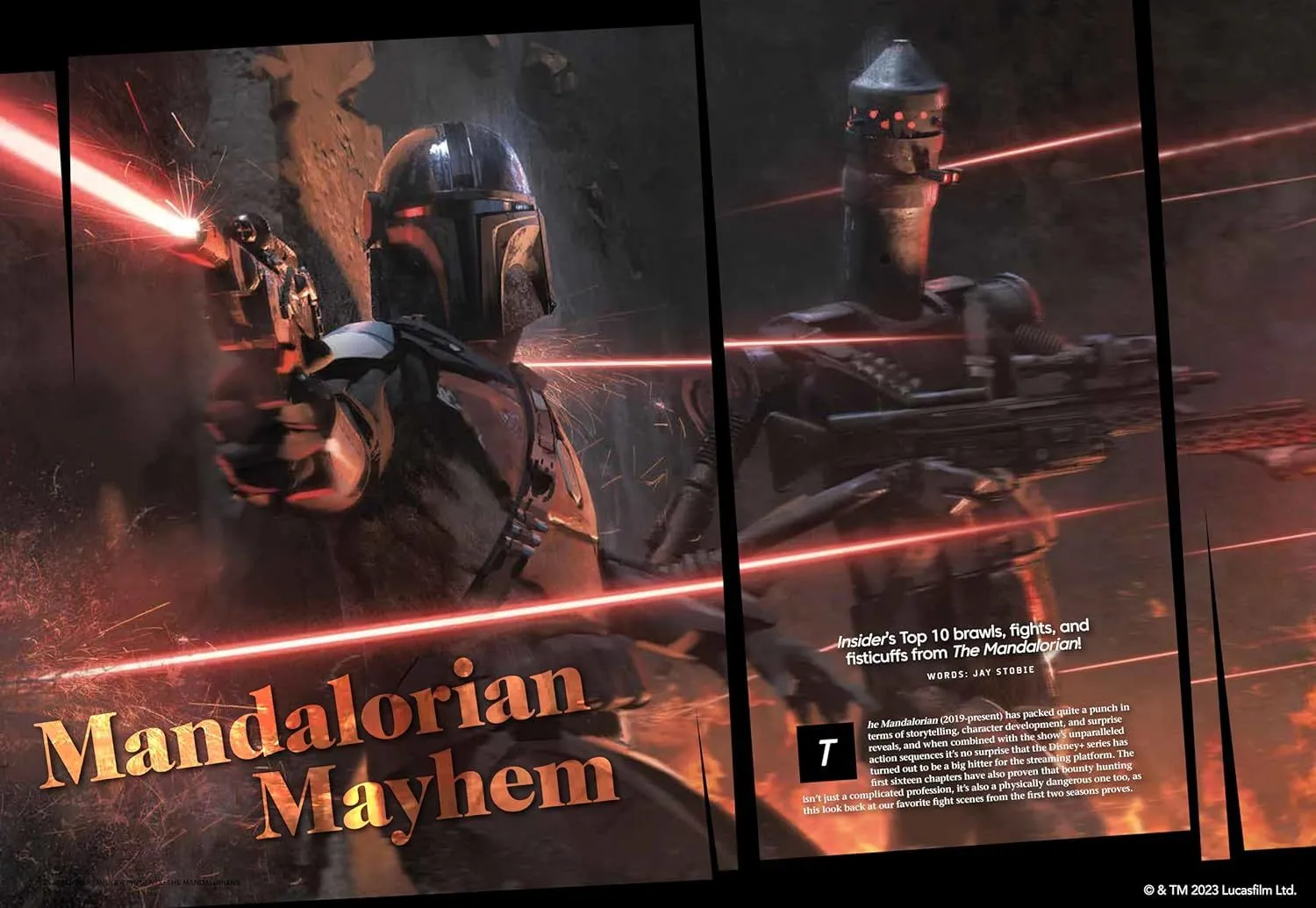 zwei Seiten aus Star Wars: The Mandalorian Collection, die einen behelmten Krieger zeigen, der eine Laserkanone abfeuert.
