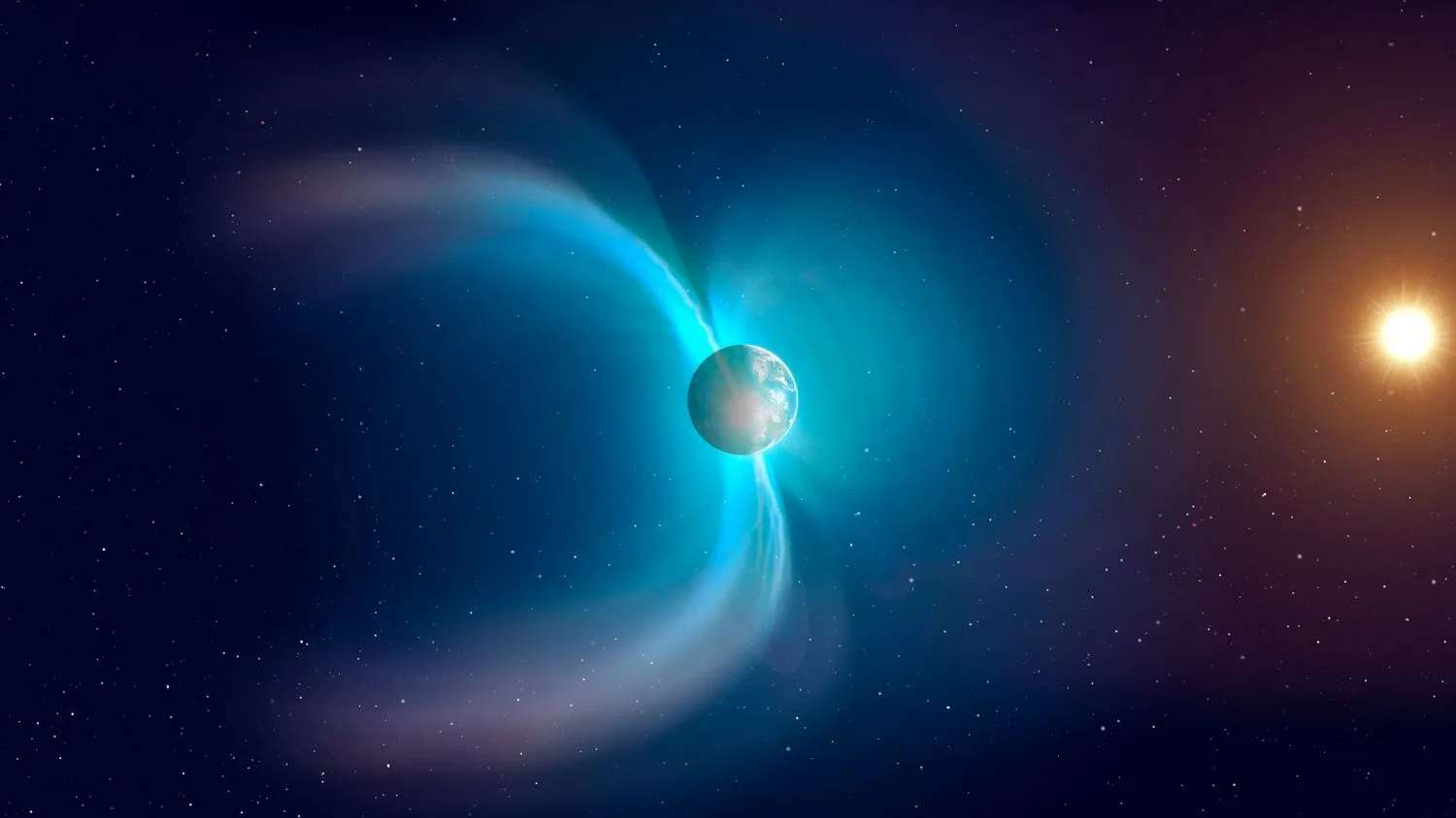 Erde im Weltraum mit zwei blauen Feldern, die das Magnetfeld des Planeten anzeigen
