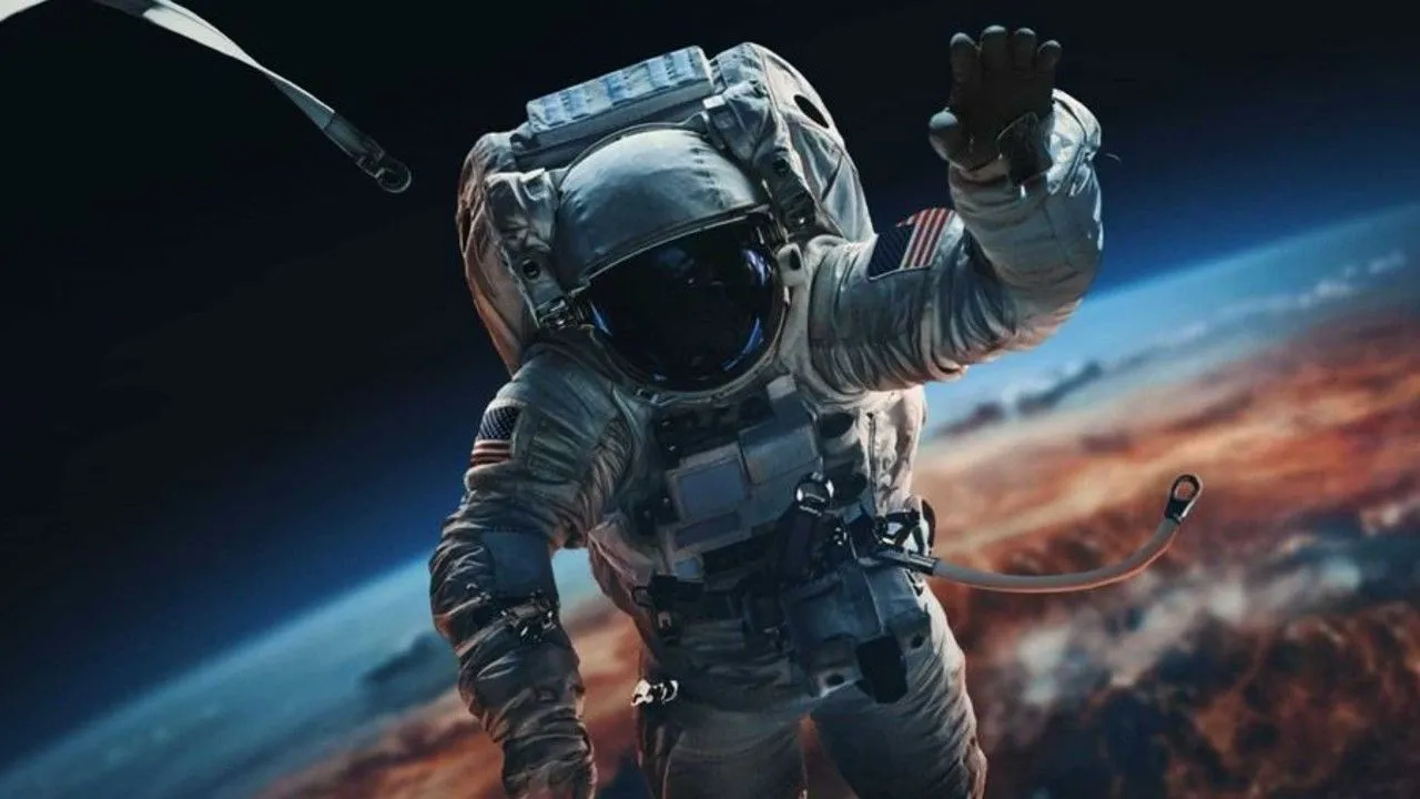 ein Astronaut schwebt im Weltraum, während auf der Erde hinter ihm Explosionen zu sehen sind
