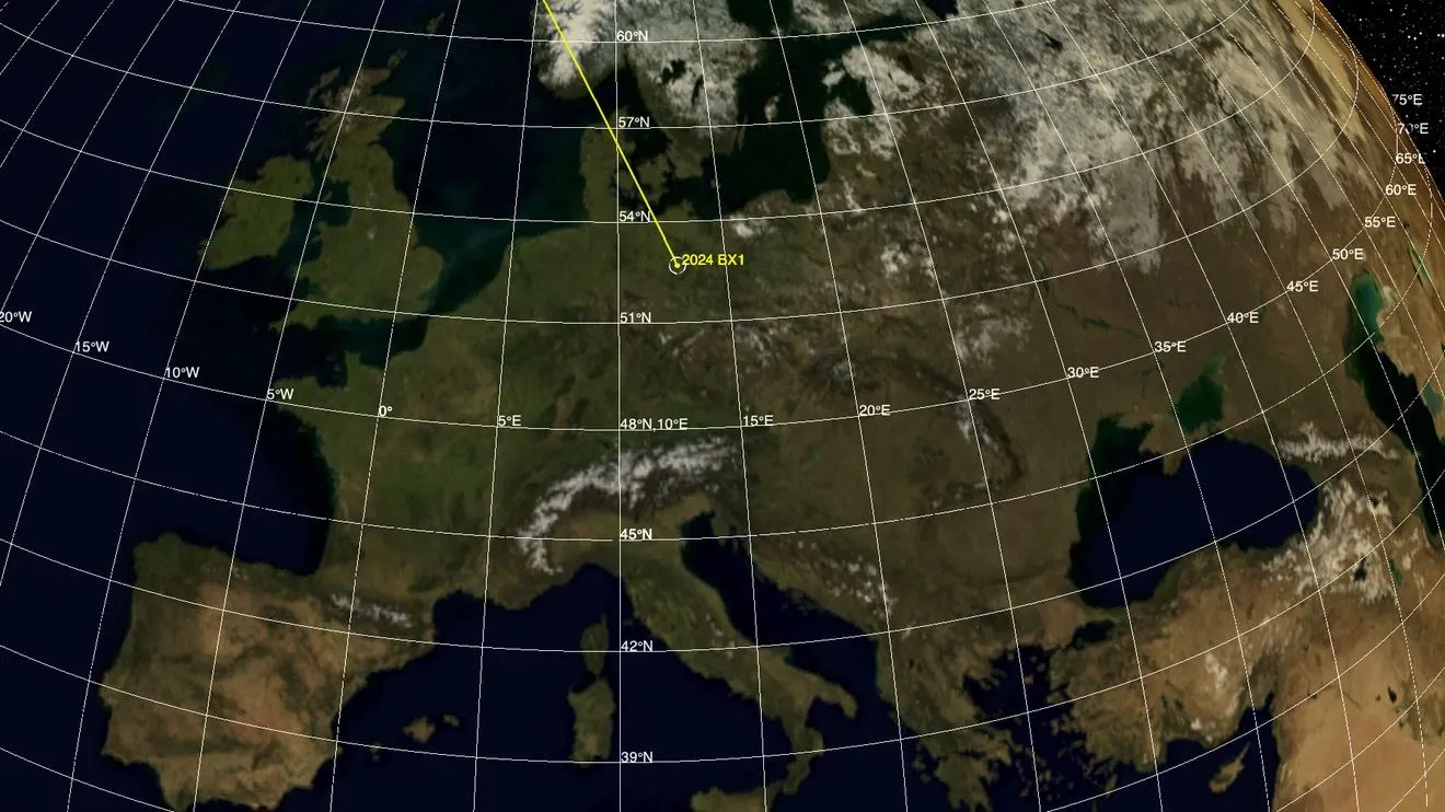 Europakarte mit einer gelben Linie, die die Bahn eines eintreffenden Asteroiden anzeigt, der über Deutschland einschlug