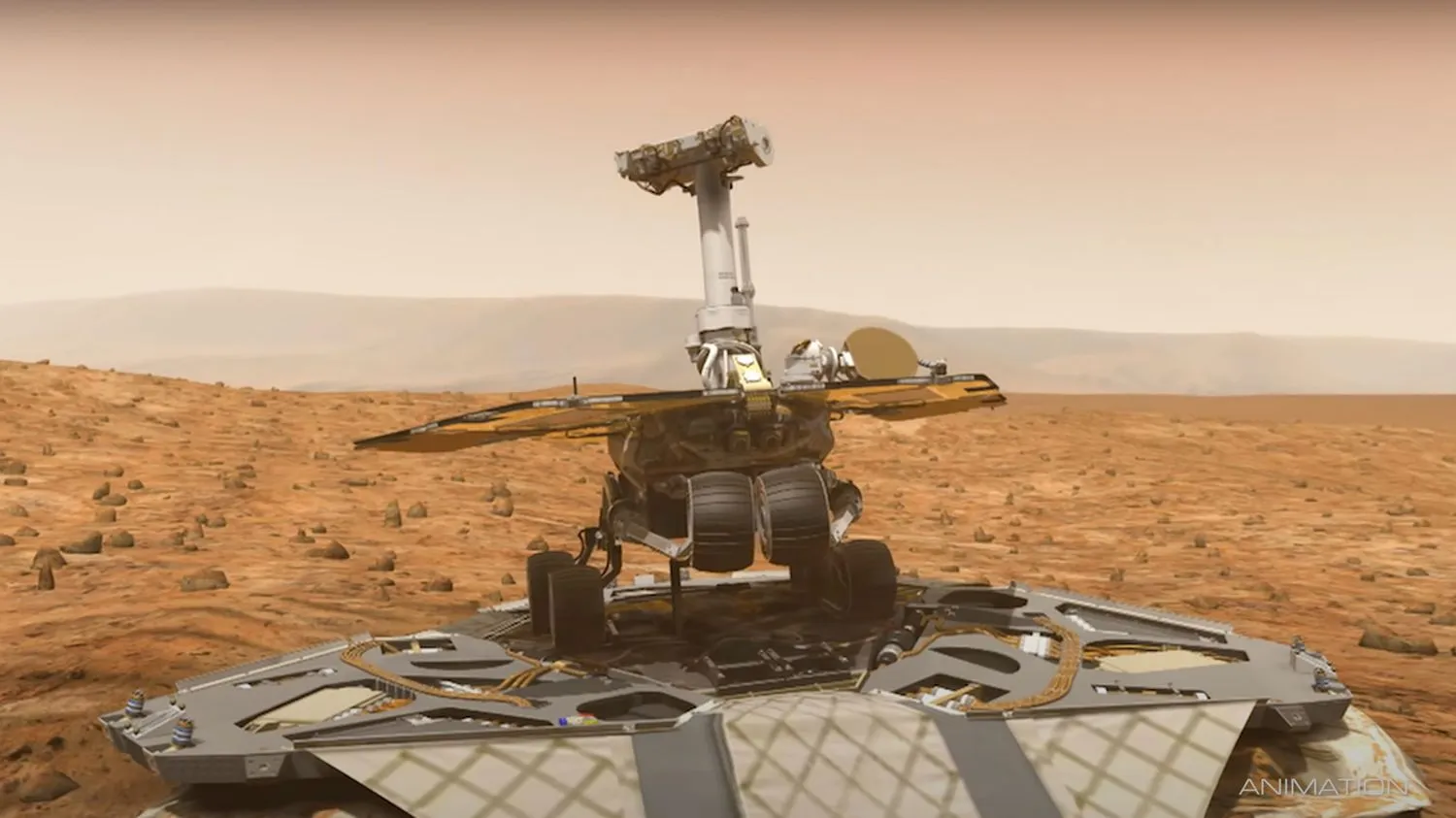 Künstlerische Darstellung eines sechsrädrigen Rovers auf der Marsoberfläche mit einer felsigen, rötlichen Landschaft im Hintergrund