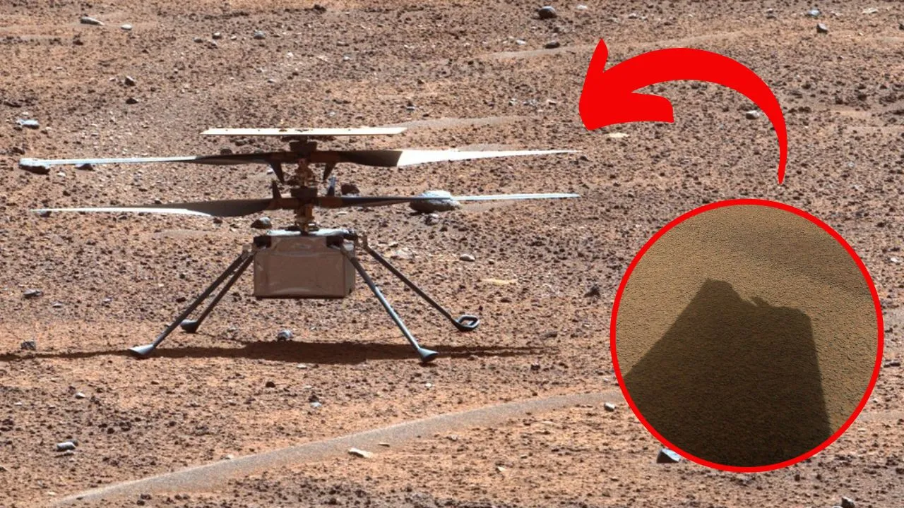 Ein kleiner Marshubschrauber sitzt auf dem Mars mit einem Einsatz des beschädigten Rotors