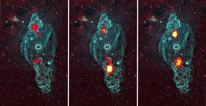 Zusammengesetzte Bilder des Seekuhnebels mit Gammastrahlenemissionen unterschiedlicher Energie angezeigt