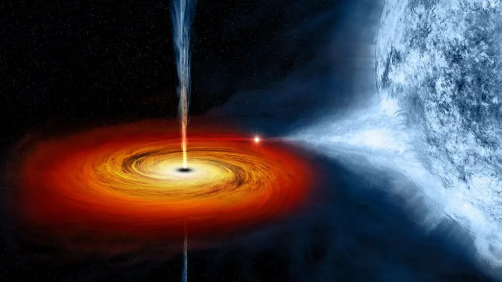 Eine Illustration eines Schwarzen Lochs, das in einem Mikroquasar Material von einem Stern abzieht