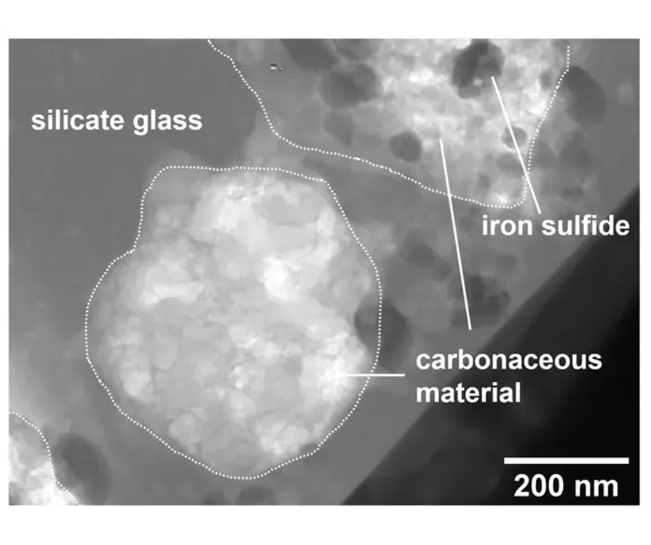 Ein CT-Scan zeigt kohlenstoffhaltiges Material, das im Schmelzspritzer von Ryugu gefunden wurde.
