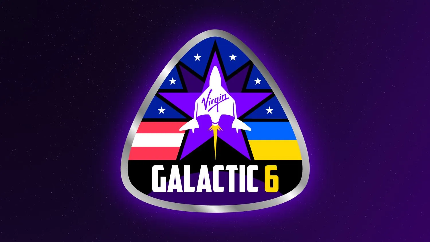 ein Missionsaufnäher, der die Zeichnung eines weißen Raumflugzeugs vor einem violetten fünfzackigen Stern zeigt, darunter die Worte galactic 6