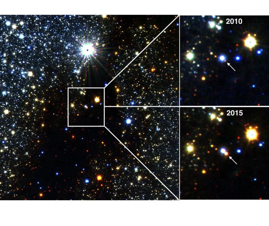 Infrarotbilder eines etwa 30 000 Lichtjahre entfernten roten Riesensterns in der Nähe des Zentrums unserer Milchstraßengalaxie, der verblasste und dann im Laufe mehrerer Jahre wieder auftauchte.
