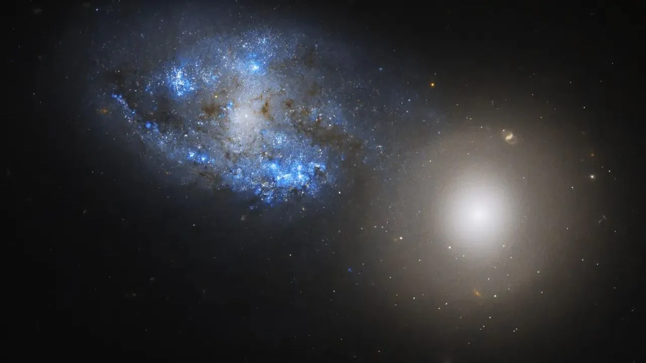 oben links ist eine funkelnd blaue Galaxie zu sehen, während rechts eine trübe, leuchtende, gelblich-weiße zu sehen ist