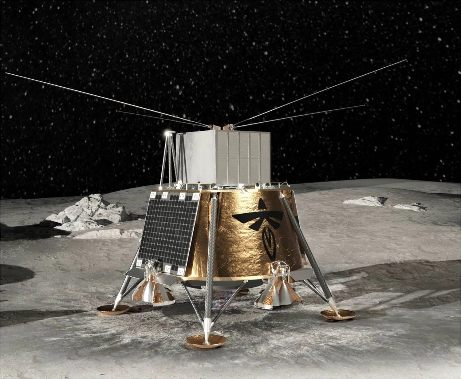 ein grob würfelförmiges, in Goldfolie verpacktes Raumschiff auf dem Mond