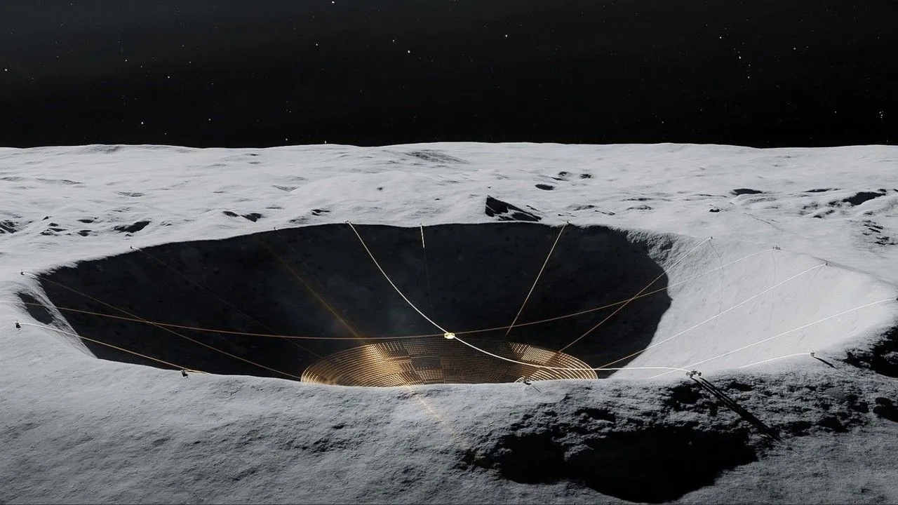 eine Illustration einer großen, auf dem Kopf stehenden Kuppel, die in einem Krater auf dem Mond hängt