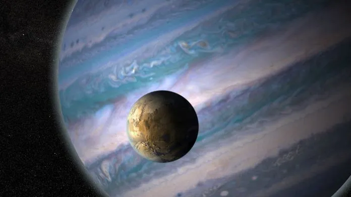 Künstlerische Darstellung eines potenziell bewohnbaren Exomonds, der einen Riesenplaneten in einem fernen Sonnensystem umkreist.
