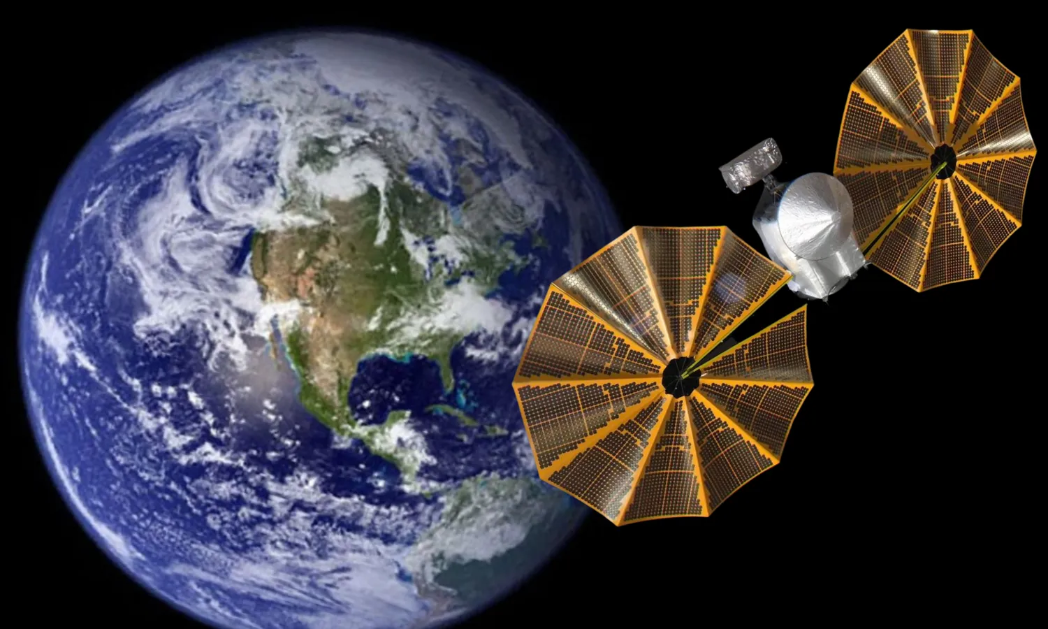 Eine Illustration zeigt das LUCY-Raumschiff auf dem Weg zurück zur Erde für eine Schwerkraftunterstützung Ende 2024