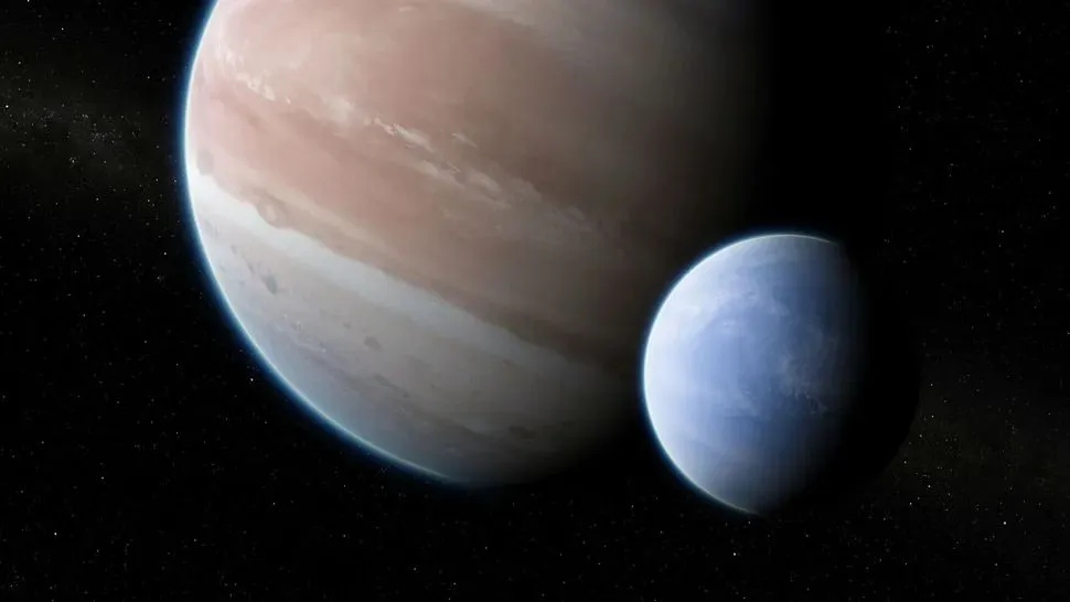 Eine Illustration zeigt einen Exomond, der einen Exoplaneten umkreist