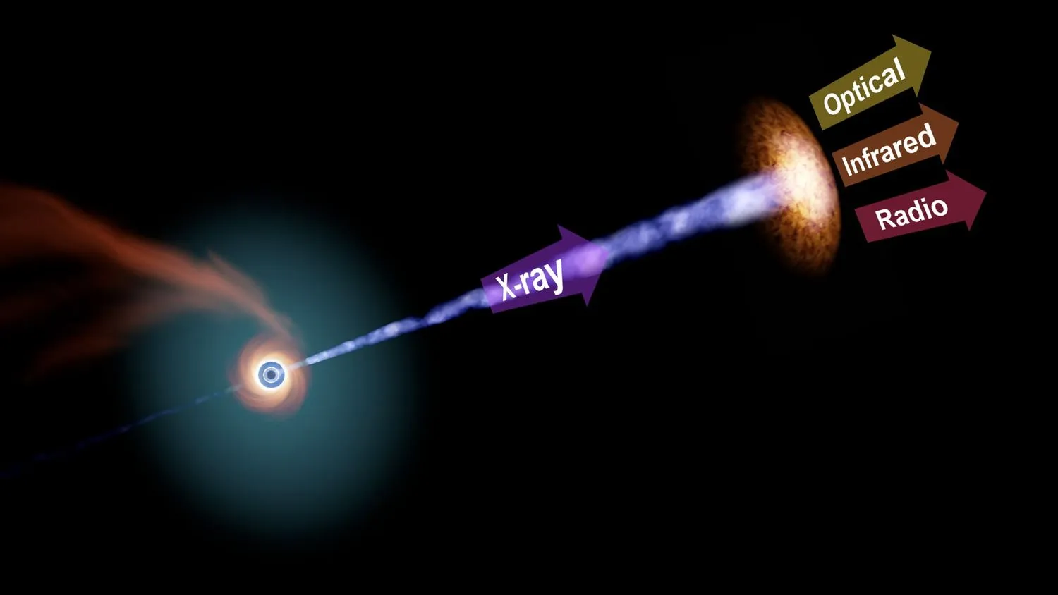 Künstlerische Darstellung eines Röntgenstrahls, der von einem schwarzen Loch erzeugt wird, das einen Stern verschlingt. Der Strahl schockiert das Material und setzt andere Arten von Licht frei.