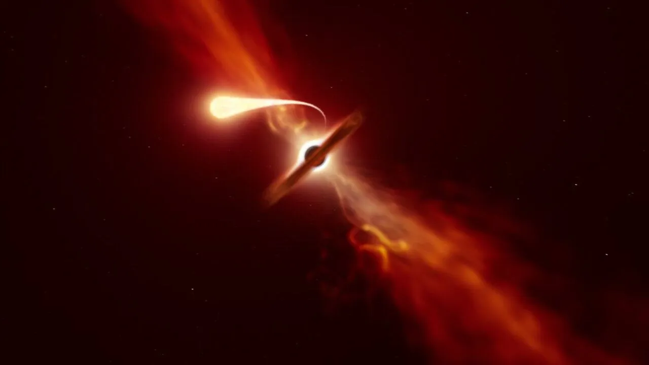 Künstlerische Darstellung eines Sterns (Vordergrund), der bei der Annäherung an ein supermassereiches Schwarzes Loch zerrissen wird.