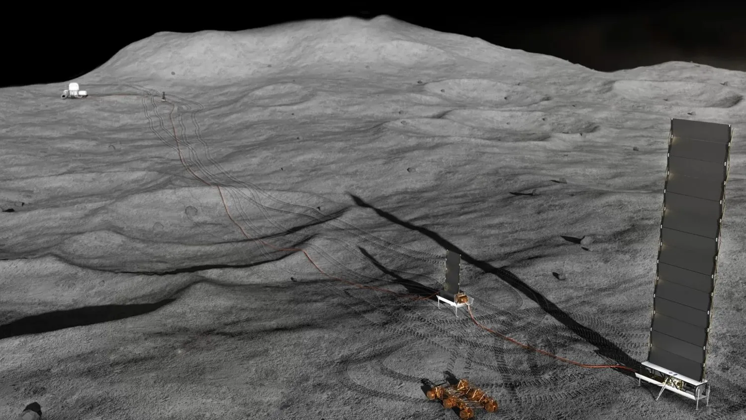 Illustration einer kleinen, weit entfernten Mondbasis auf der hügeligen, von Kratern gezeichneten Oberfläche des Mondes