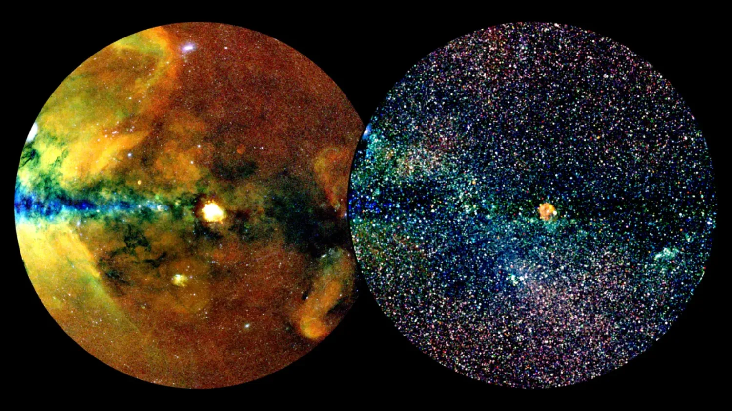 Links, ein gelber Kreis mit rauchigen Mustern. Rechts ein blau gefärbter Kreis mit funkelnden Sternen.