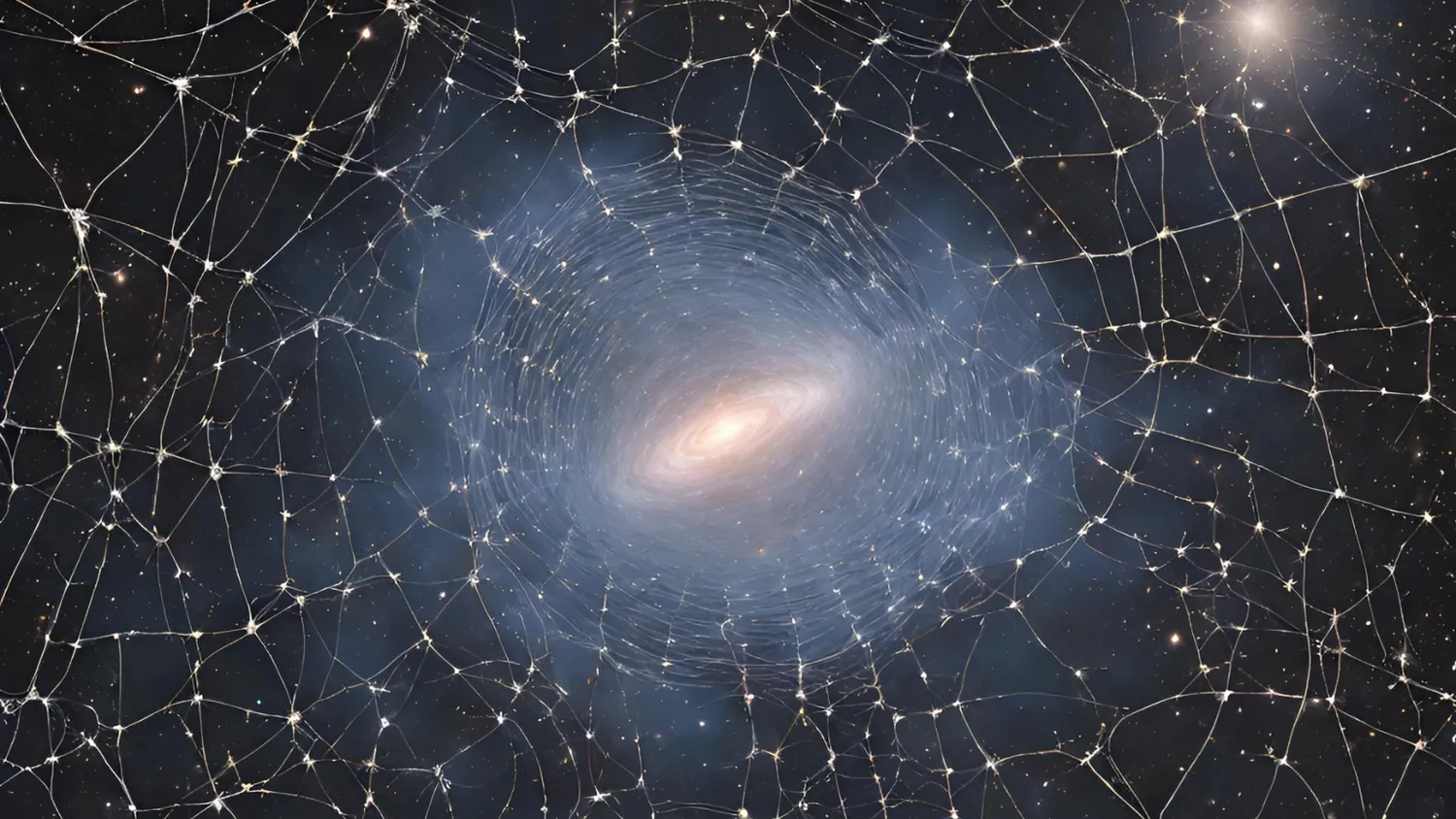 Eine Illustration zeigt eine Galaxie, die sich in einem kosmischen Netz verfangen hat. 