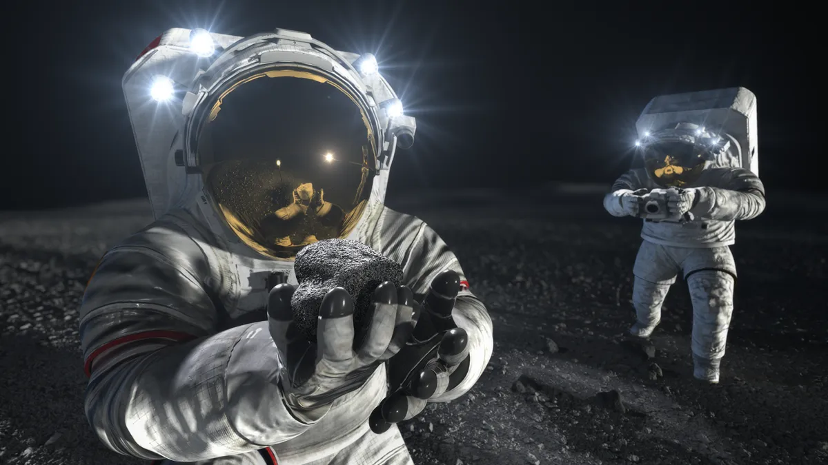 Künstlerische Darstellung von zwei Astronauten in Raumanzügen bei der Arbeit auf dem Mond