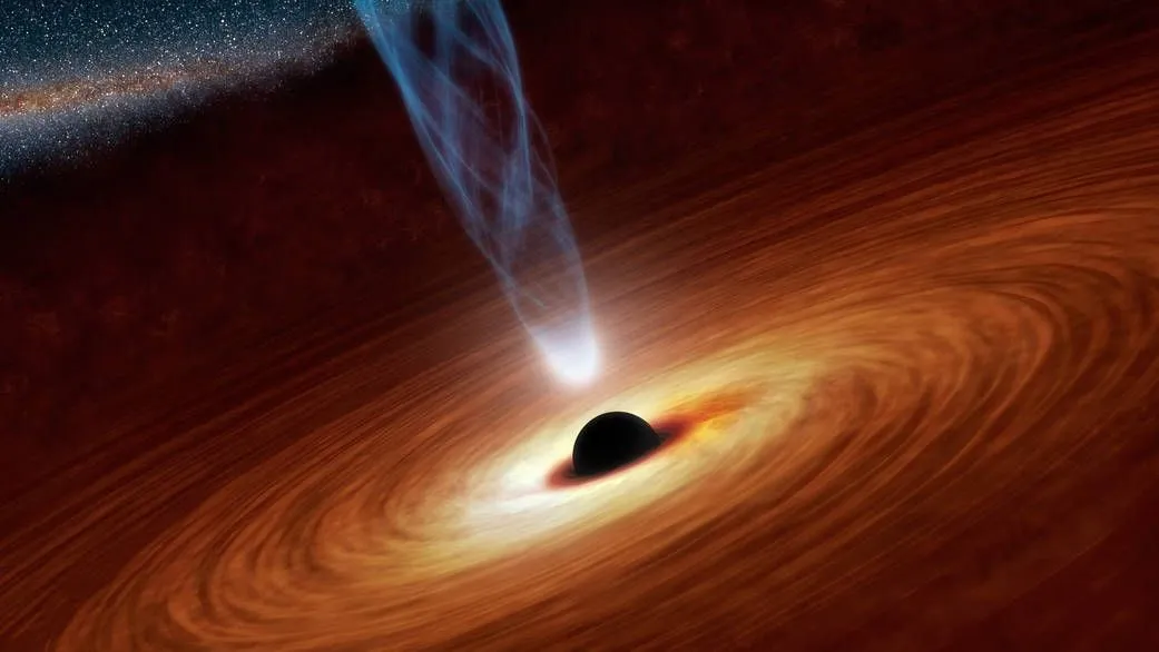 Künstlerische Darstellung eines supermassiven schwarzen Lochs, das einen Strahl energiereicher Teilchen aussendet. Solche Schwarzen Löcher sind auch starke Emittenten von Röntgenlicht, das offenbar von Gas und Staub in der umgebenden Akkretionsscheibe reflektiert wird...