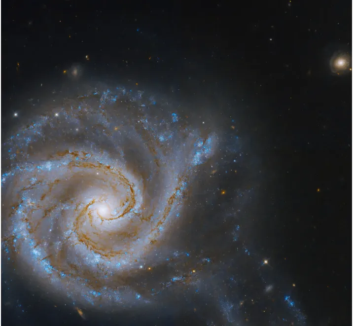 eine weiße und hellblaue Gasspirale im Weltraum, umgeben von Sternen