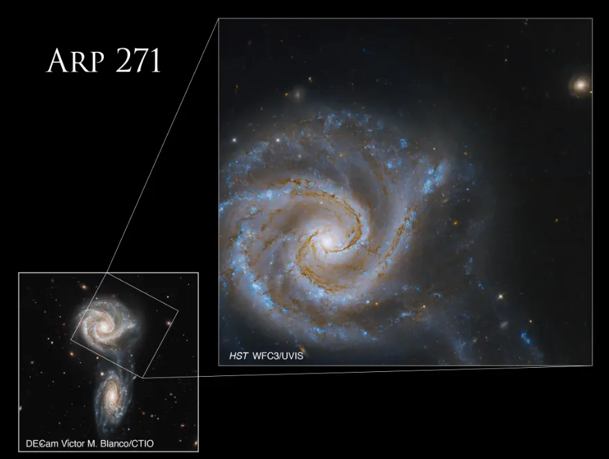 Kombiniertes Bild zeigt, wo das Hubble-Bild von NGC 5427 in eine größere Ansicht des kosmischen Tauziehens mit ihrer Begleitgalaxie NGC 5426 passt