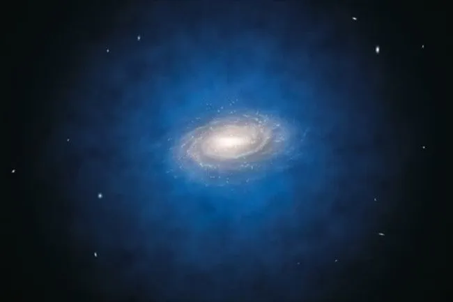 Eine künstlerische Darstellung des Halos aus dunkler Materie (blau), von dem man annimmt, dass er die Milchstraßengalaxie umgibt
