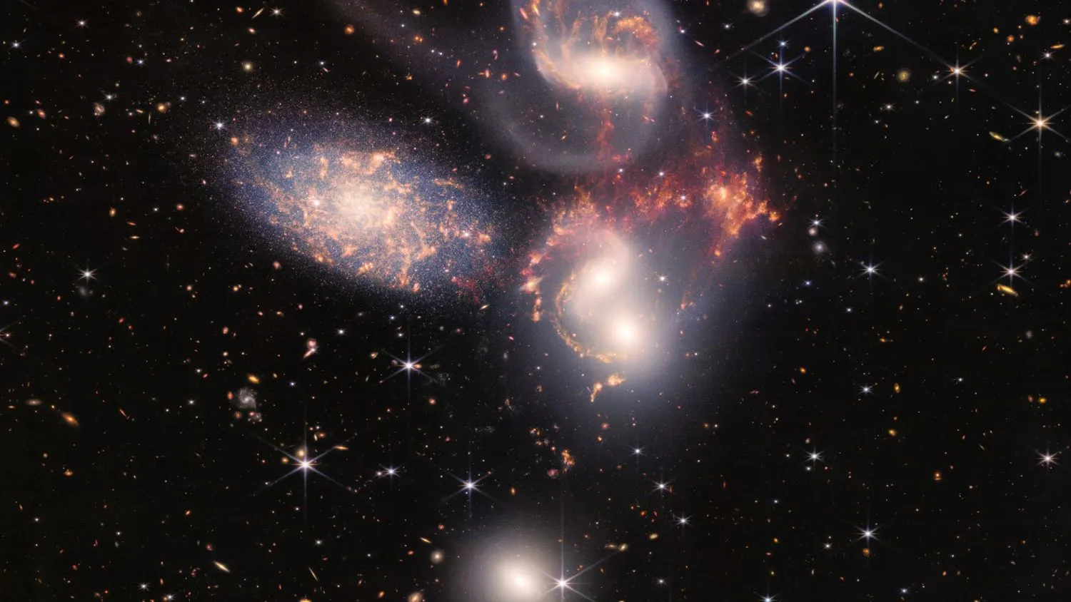 Ein Bild von Stephans Quintett, aufgenommen mit dem James Webb Weltraumteleskop.
