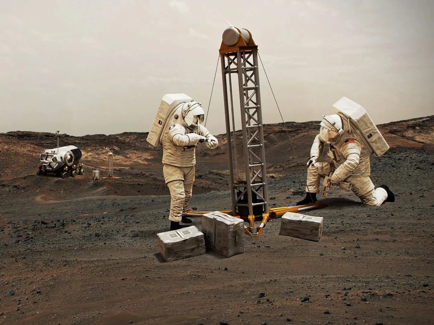 zwei Astronauten in klobigen Raumanzügen bedienen einen Bohrer auf dem Mars