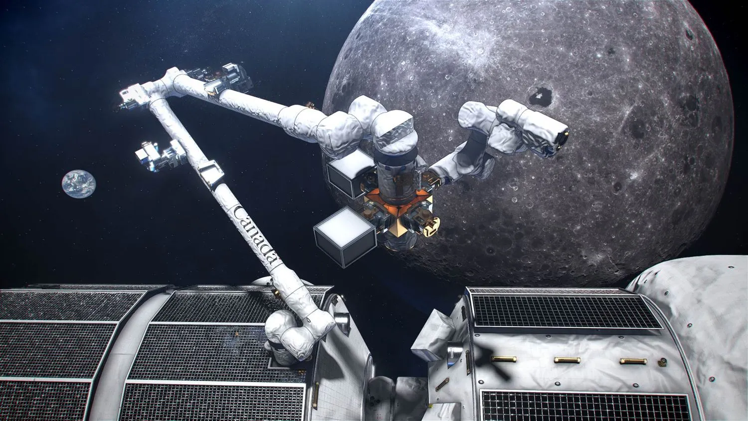 ein Roboterarm auf Raumstationsmodulen mit dem Mond im Hintergrund
